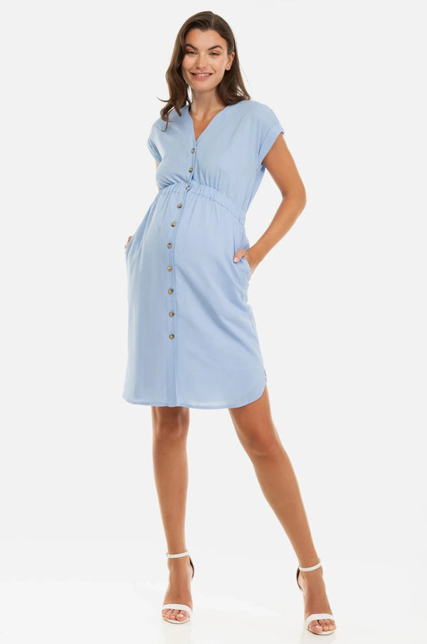 Светлосиня рокля за бременни и кърмещи от ленена смес