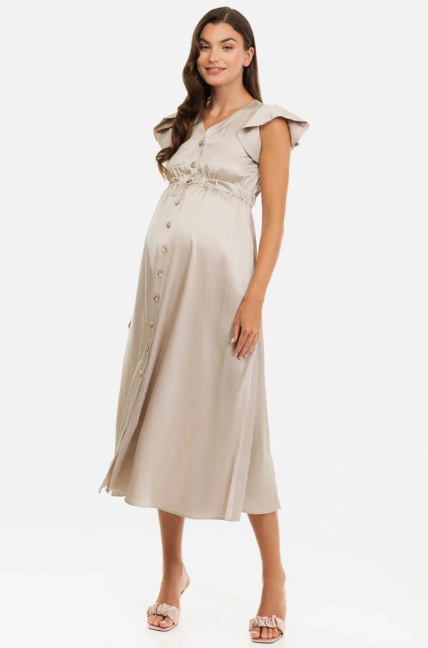 Бежова сатенирана рокля за бременни и кърмещи с волани