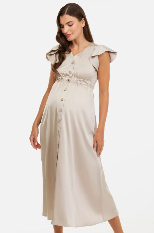 Бежова сатенирана рокля за бременни и кърмещи с волани