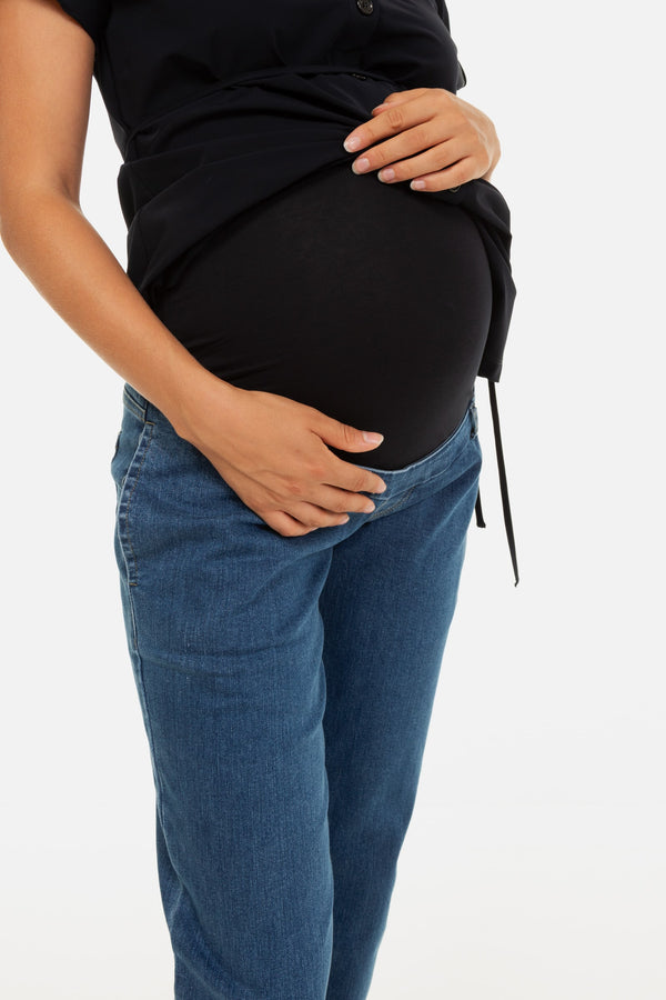 Еластични сини дънки за бременни