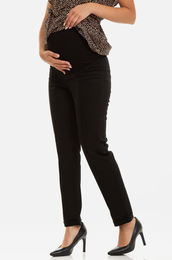 Черен памучен еластичен панталон за бременни