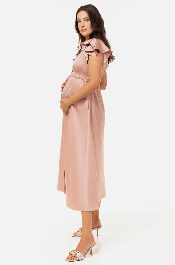 Дълга сатенирана рокля за бременни и кърмещи с волани