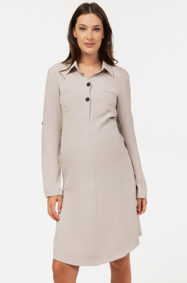 Рокля-риза за бременни и кърмещи от релефна материя - светлобежова