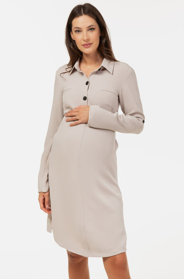 Рокля-риза за бременни и кърмещи от релефна материя - светлобежова