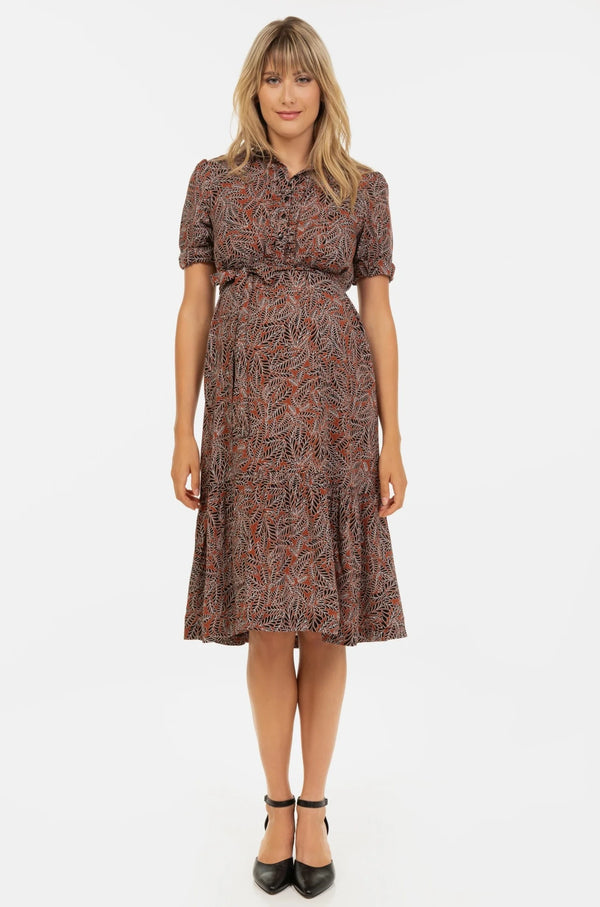 Рокля за бременни и кърмещи с яка с волани - кафява