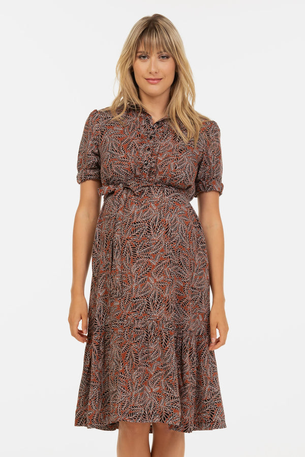 Рокля за бременни и кърмещи с яка с волани - кафява