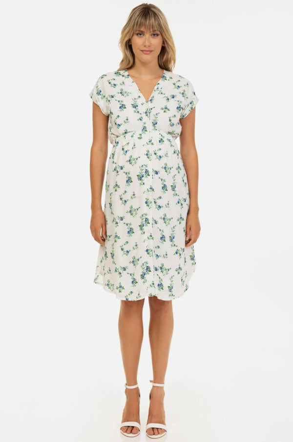 Памучна рокля за бременни и кърмачки с бродерия - сини цветя