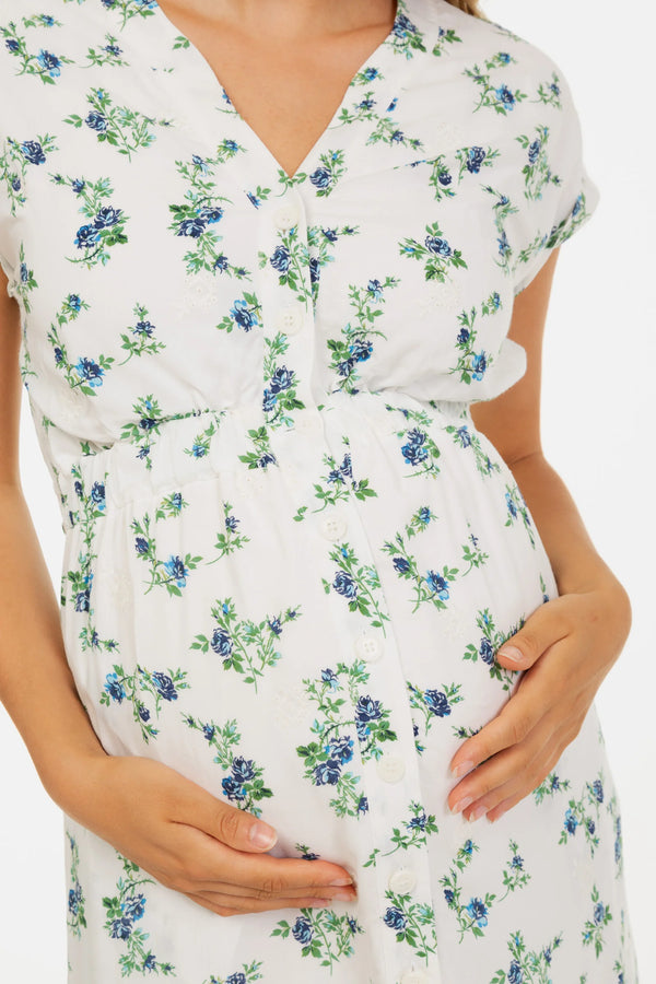 Памучна рокля за бременни и кърмачки с бродерия - сини цветя