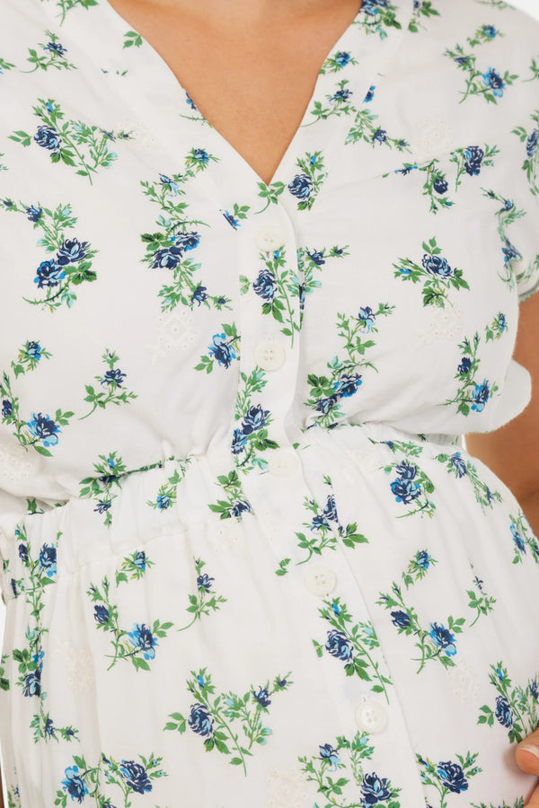 Памучна рокля за бременни и кърмачки с бродерия - сини цветя