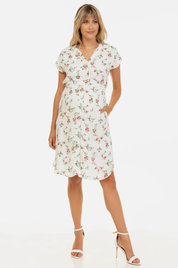 Памучна рокля за бременни и кърмачки с бродерия - червени цветя