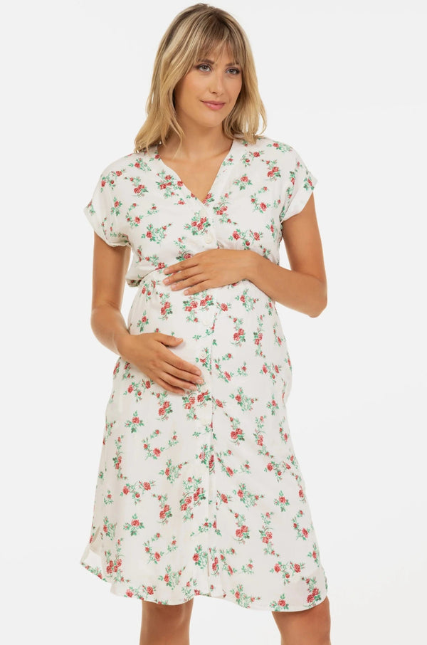 Памучна рокля за бременни и кърмачки с бродерия - червени цветя