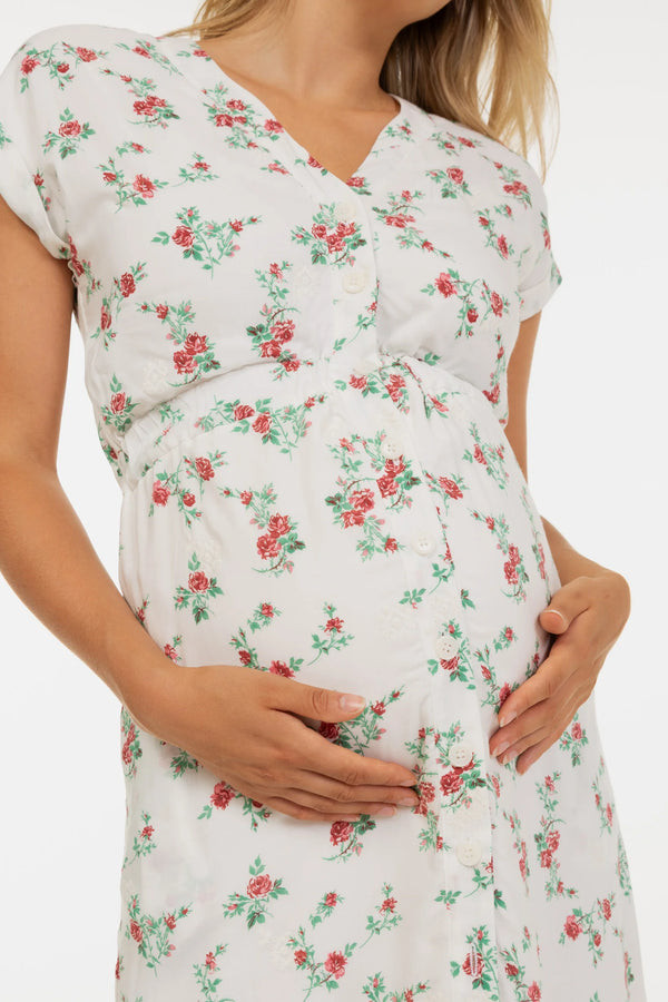 Памучна рокля за бременни и кърмачки с бродерия - червени цветя