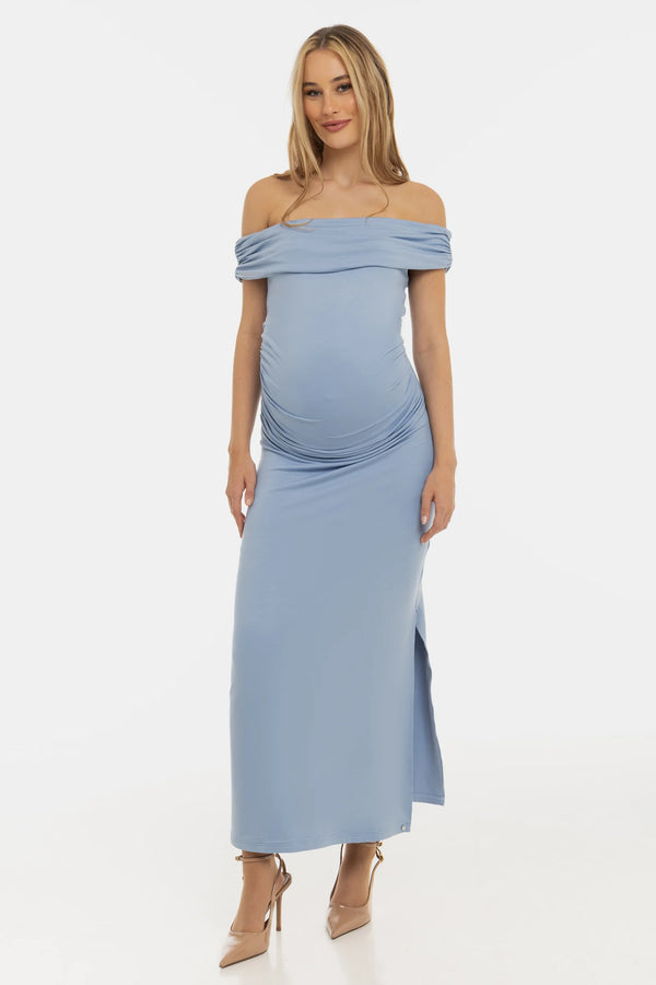 Официална рокля с набори за бременни - светлосиня