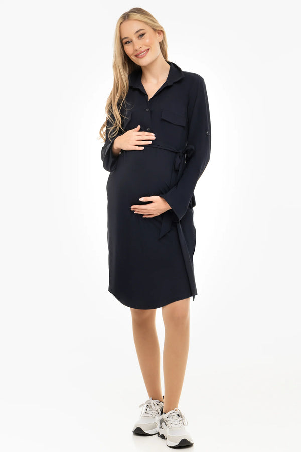Еластична рокля с яка за бременни и кърмещи - тъмносиня