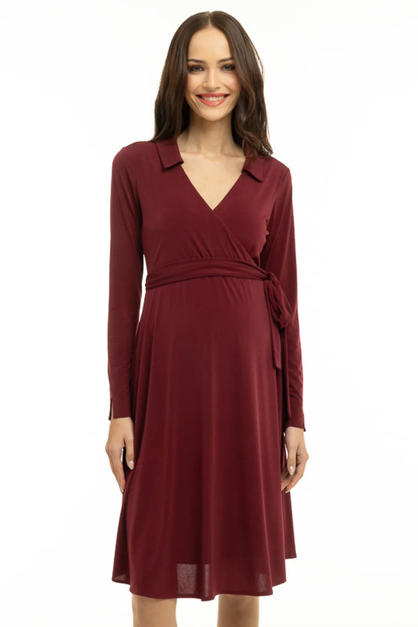 Ефирна рокля за бременни и кърмачки с прехвърляне - бордо