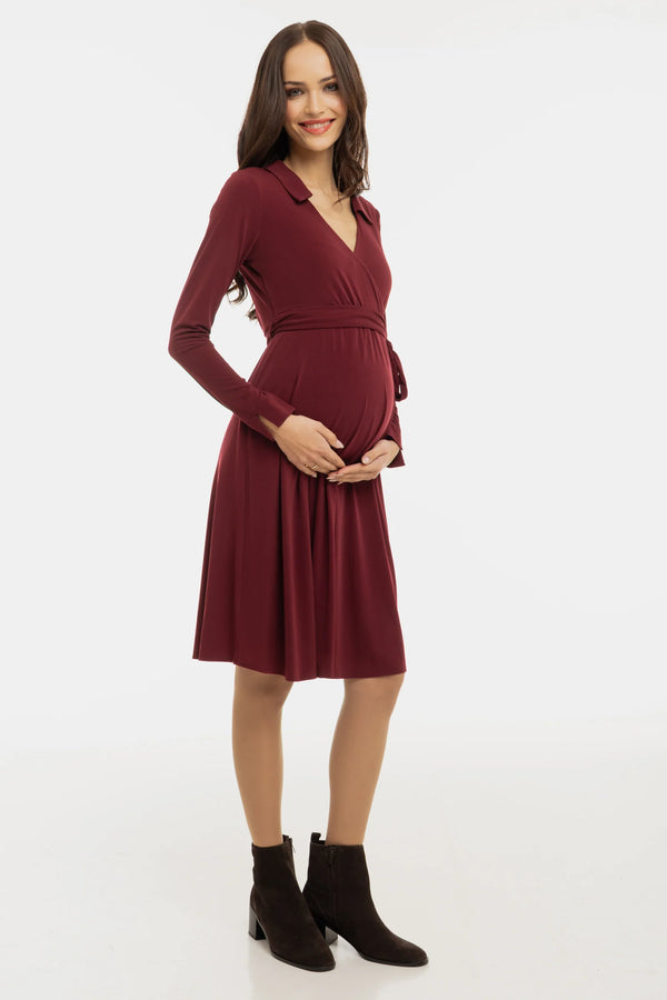Ефирна рокля за бременни и кърмачки с прехвърляне - бордо