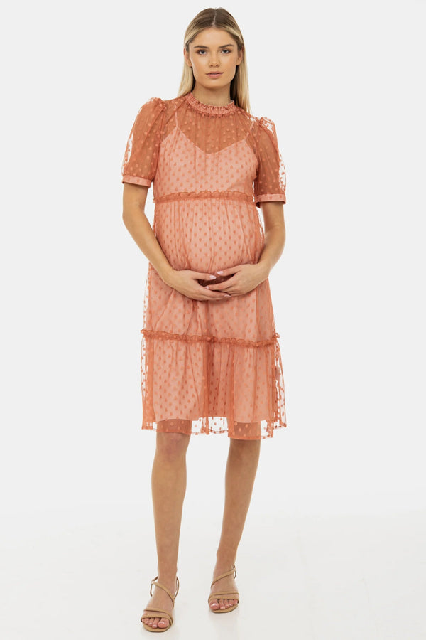 Ефирна рокля за бременни от тюл на точки - прасковена