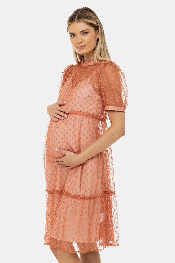 Ефирна рокля за бременни от тюл на точки - прасковена