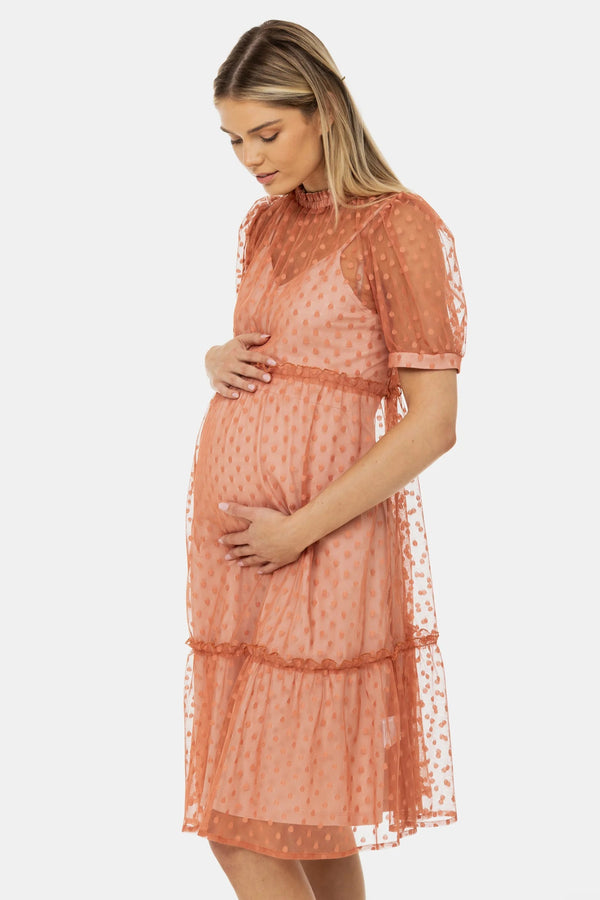 Ефирна рокля за бременни от тюл на точки - прасковена