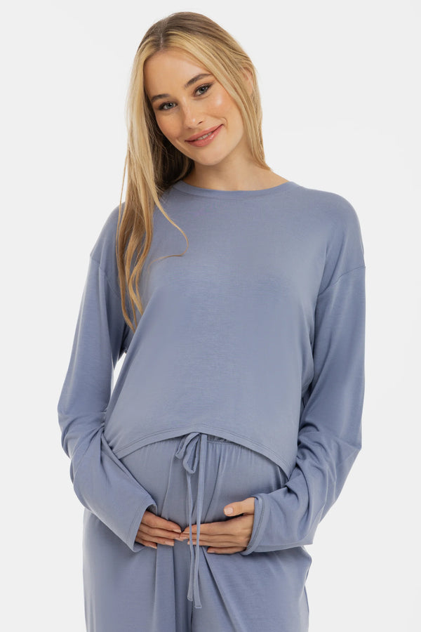 Мек кроп топ с дълъг ръкав за бременни от модал - пастелносин