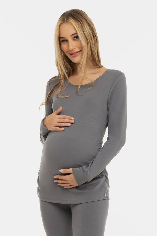 Памучна блуза с набори за бременни - сива