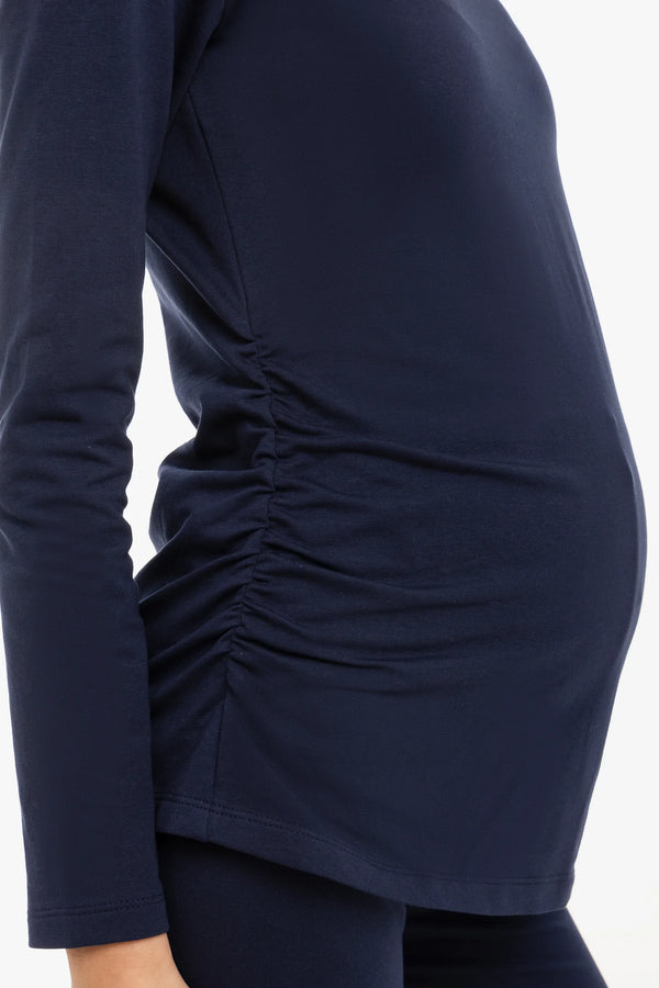 Памучна блуза с набори за бременни - тъмносиня