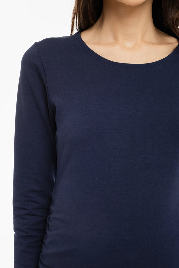 Памучна блуза с набори за бременни - тъмносиня