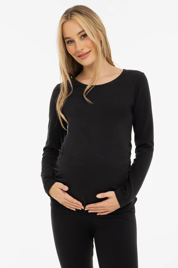 Памучна блуза с набори за бременни - черна