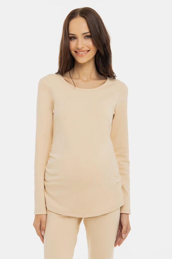 Памучна блуза с набори за бременни - бежова