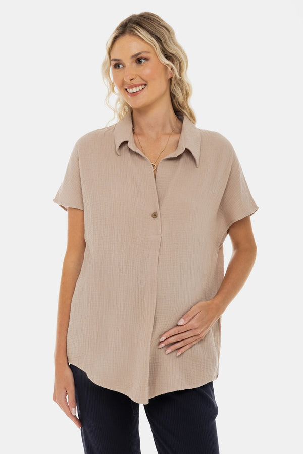 Памучна блуза за бременни и кърмещи - бежова