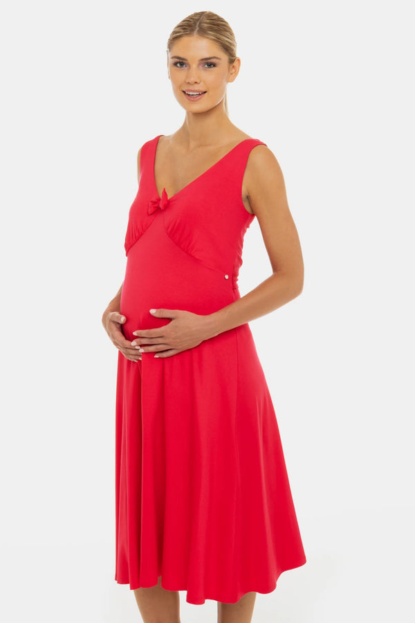 Ефирна рокля за бременни с набори и панделка - цикламена