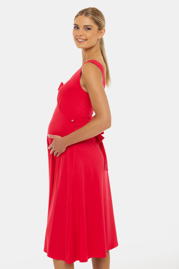 Ефирна рокля за бременни с набори и панделка - цикламена