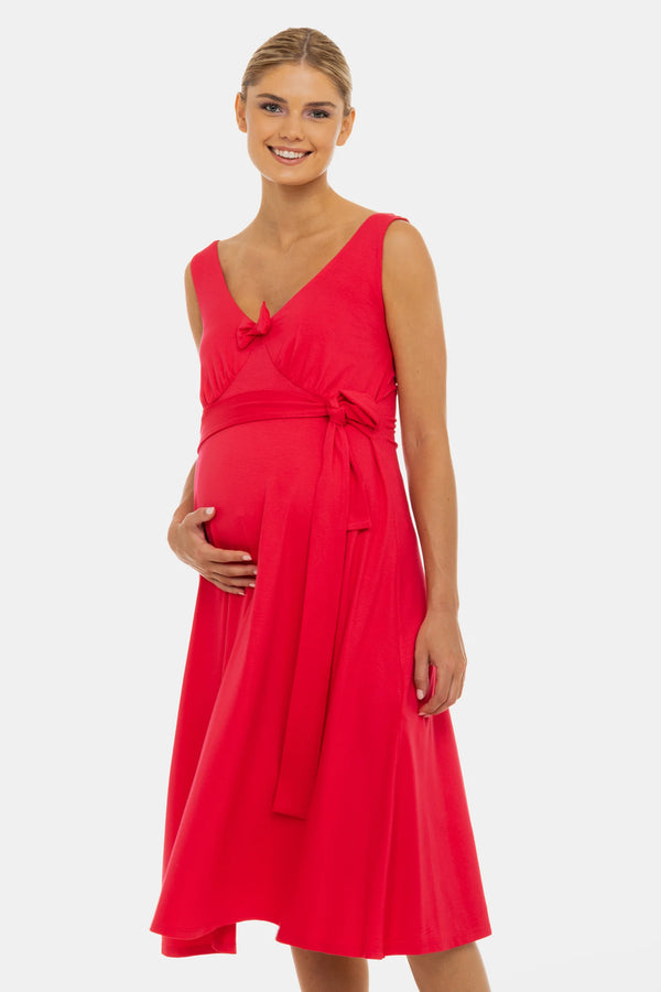 Ефирна рокля за бременни с набори и панделка - цикламена