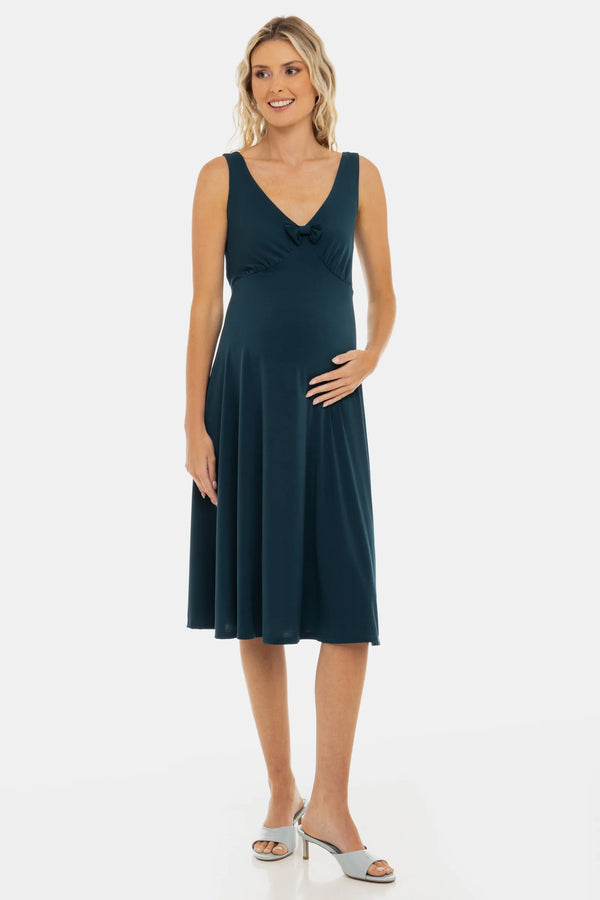 Ефирна рокля за бременни с набори и панделка - тюркоаз