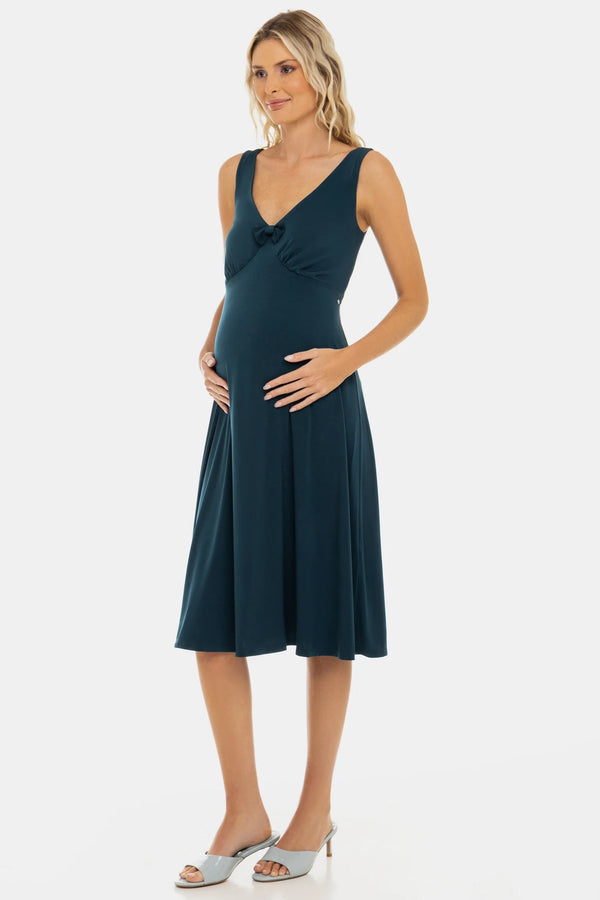 Ефирна рокля за бременни с набори и панделка - тюркоаз