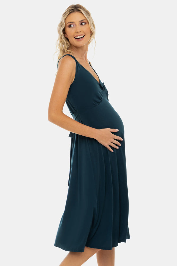 Ефирна рокля за бременни с набори и панделка - тюркоаз