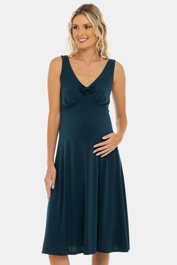 Ефирна рокля за бременни с набори и панделка - тюркоаз