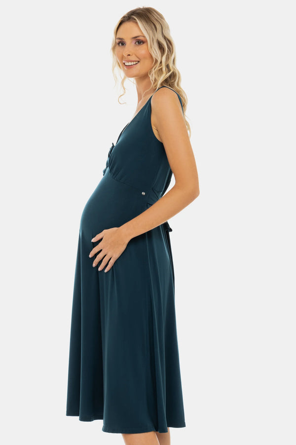 Ефирна рокля за бременни с набори и панделка - тюркоаз