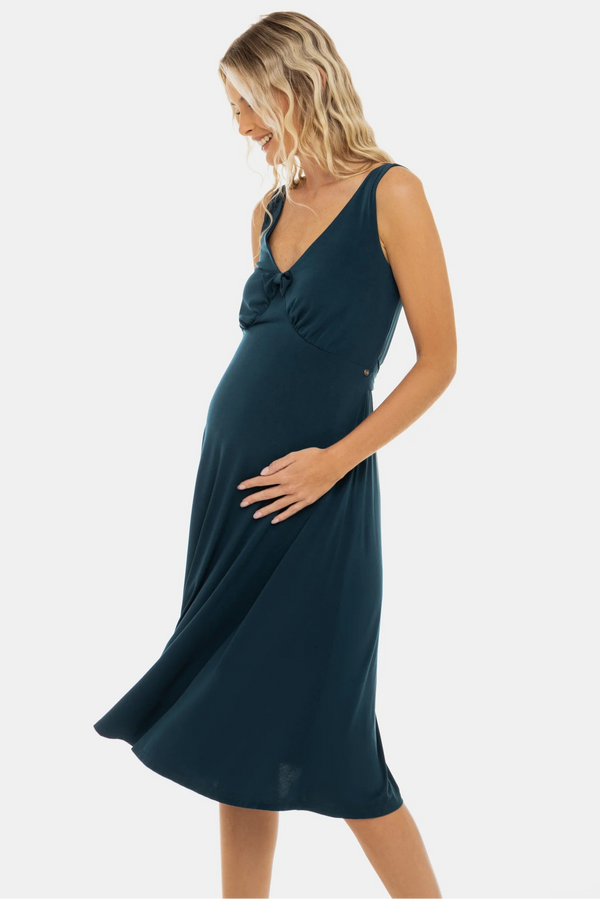 Ефирна рокля за бременни с набори и панделка - тюркоаз