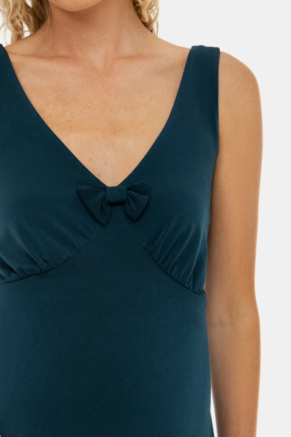 Ефирна рокля за бременни с набори и панделка - тюркоаз