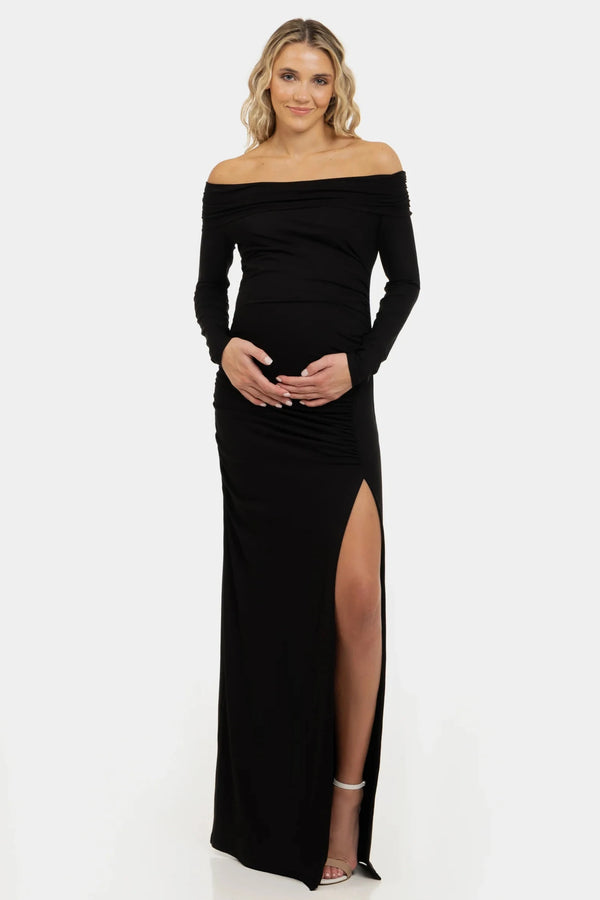 Дълга елегантна рокля с паднали рамене - черна