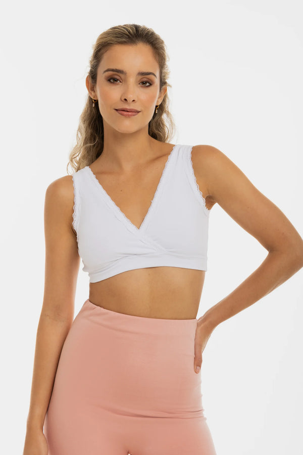 Памучен сутиен с дантела за кърмачки и бременни - бял