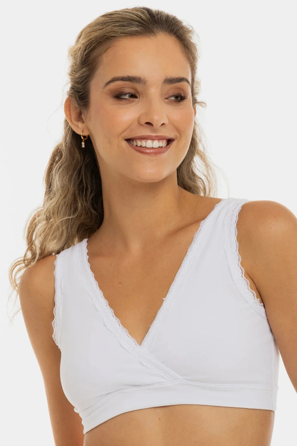 Памучен сутиен с дантела за кърмачки и бременни - бял