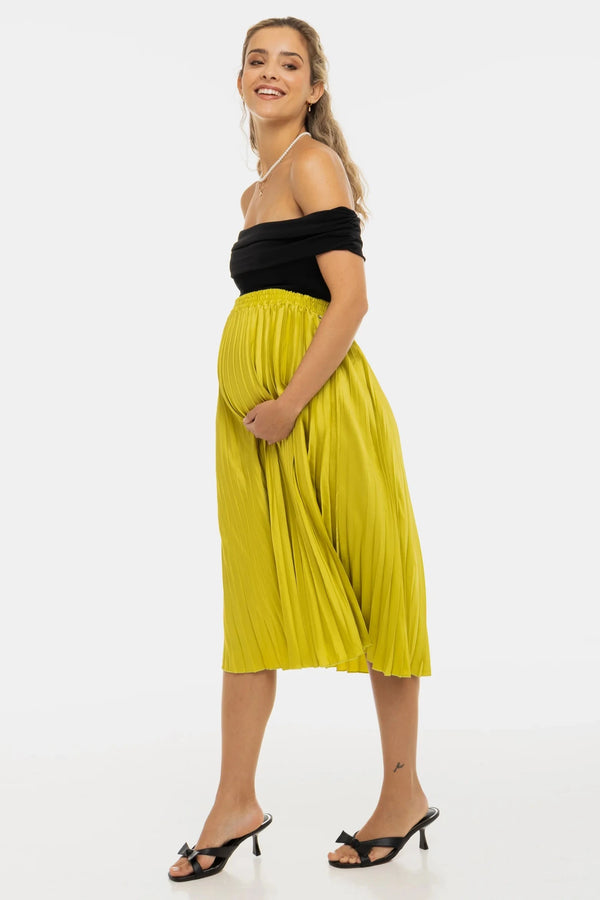 Плисирана сатенена пола за бременни - лайм