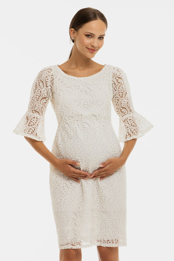 Официална дантелена рокля за бременни – бяла