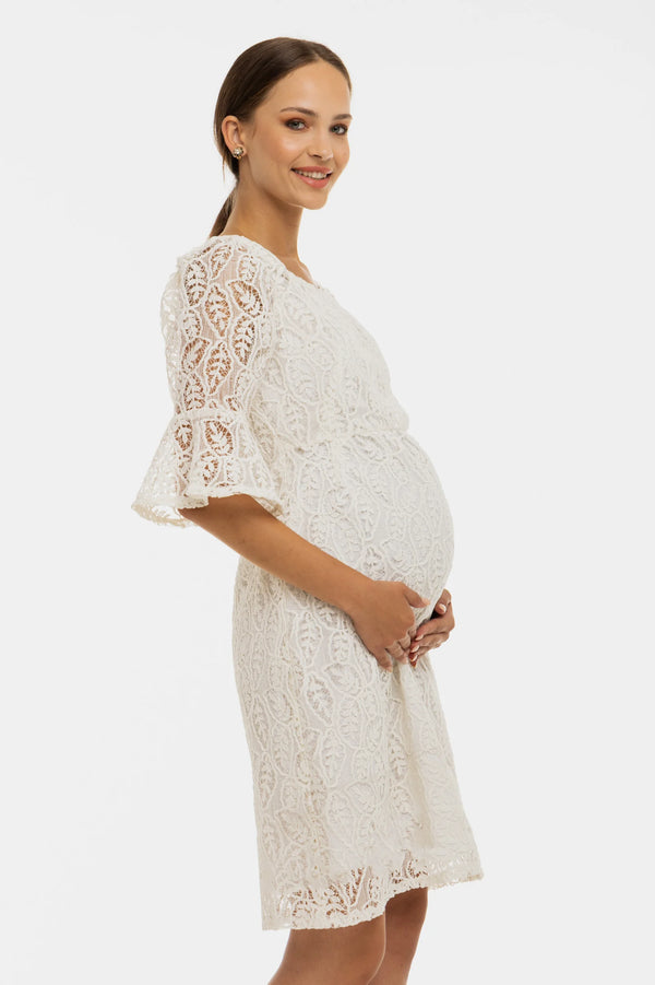 Официална дантелена рокля за бременни – бяла