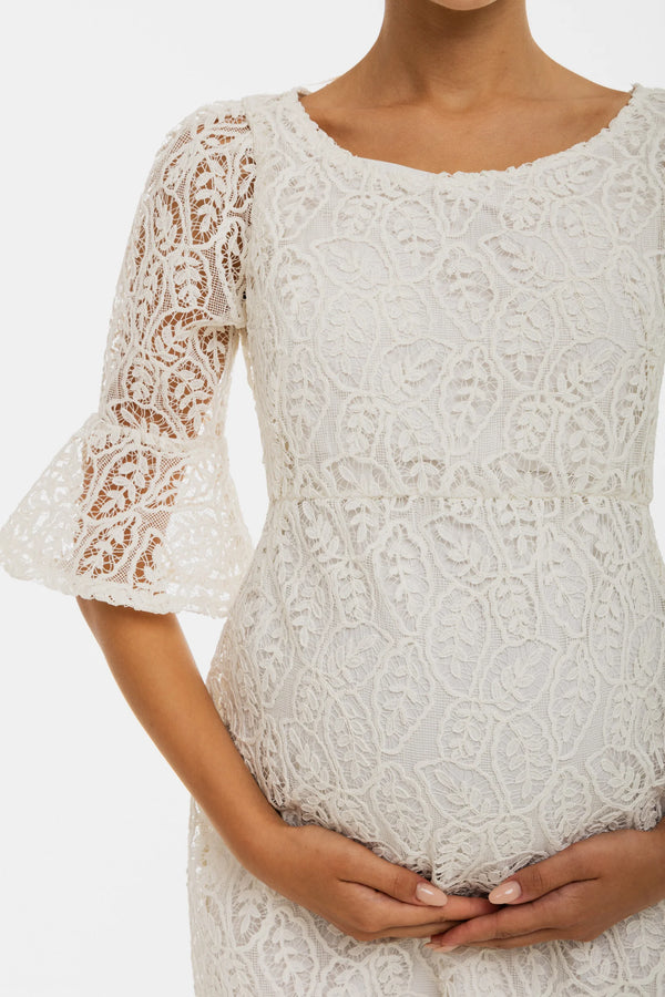 Официална дантелена рокля за бременни – бяла
