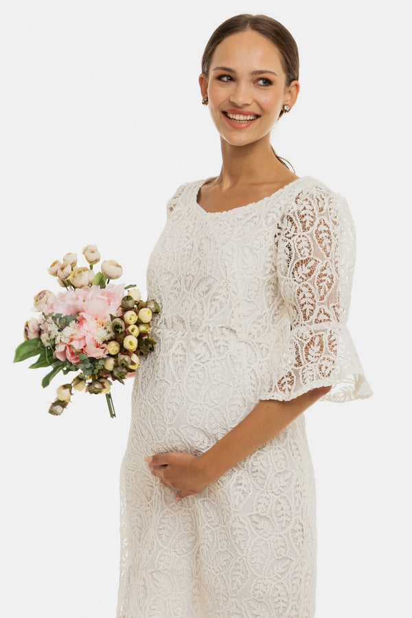 Официална дантелена рокля за бременни – бяла