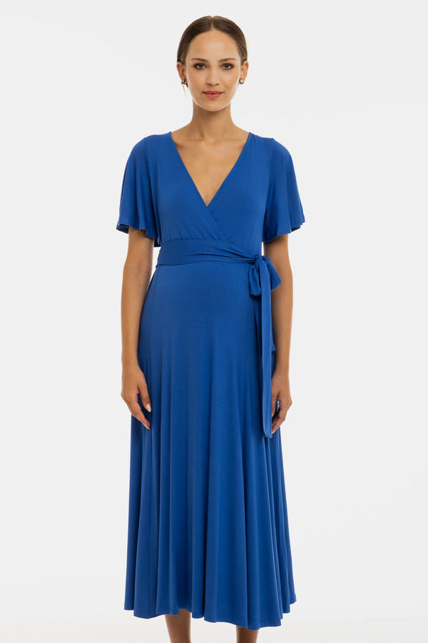 Дълга разкроена рокля за бременни и кърмещи - синя