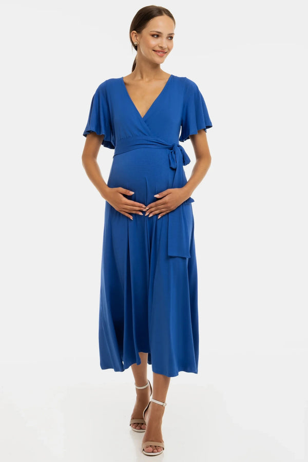 Дълга разкроена рокля за бременни и кърмещи - синя